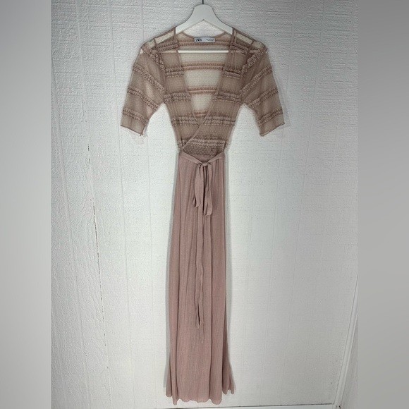 Zara lace knit wrap maxi dress dusty pink size S - Picture 2 of 14